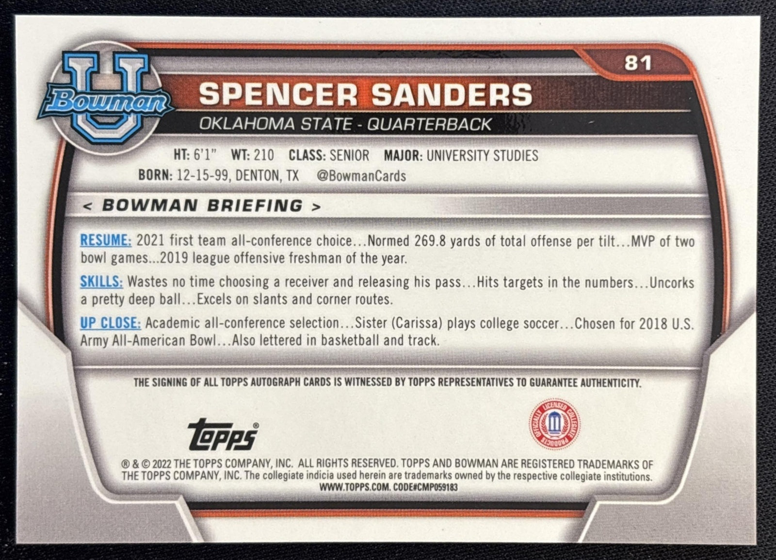 Spencer Sanders 2022 Bowman University Chrome Prospect Auto Cowboys back