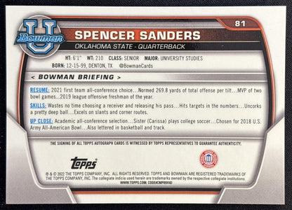 Spencer Sanders 2022 Bowman University Chrome Prospect Auto Cowboys back
