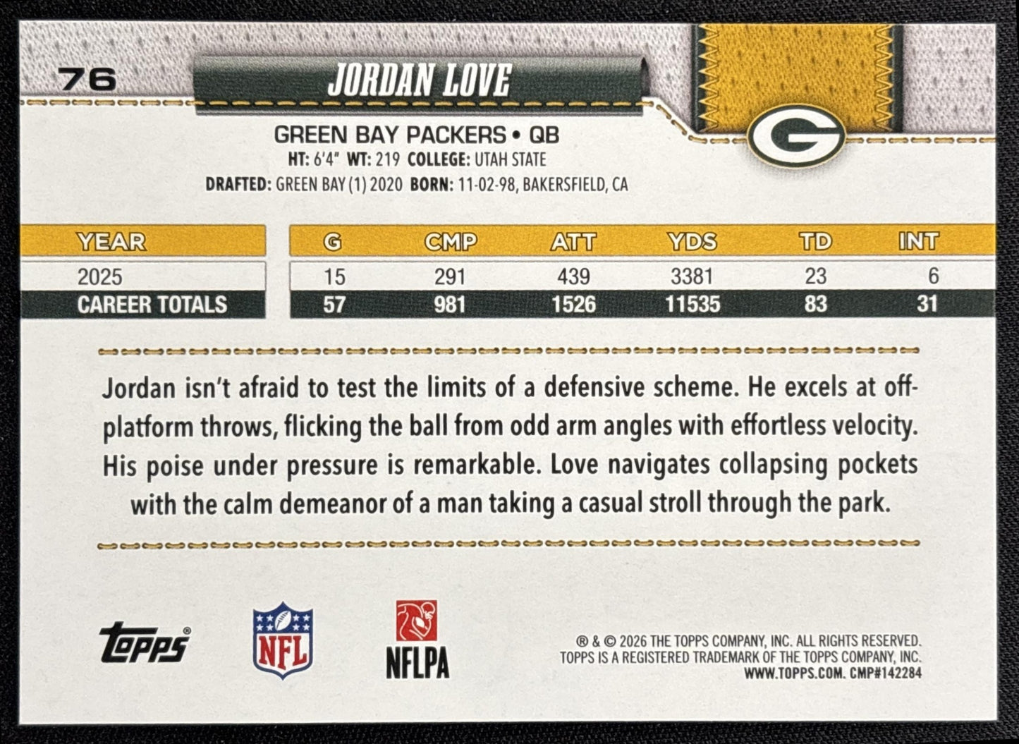Jordan Love 2026 Topps Football Leather Foil Packers