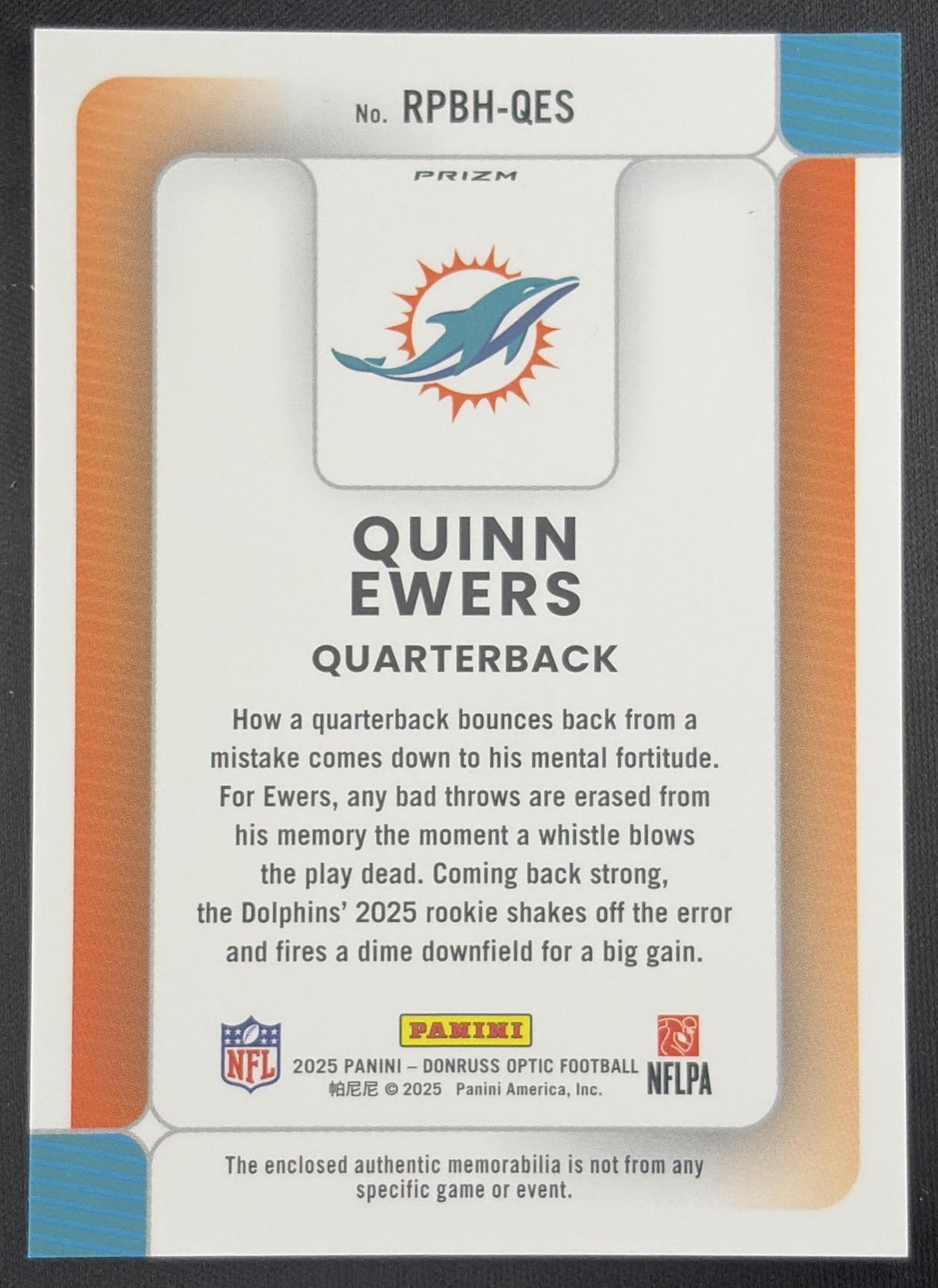 Quinn Ewers 2025 Panini Donruss Optic Rookie Phenoms Blue Hyper Prizm Dolphins