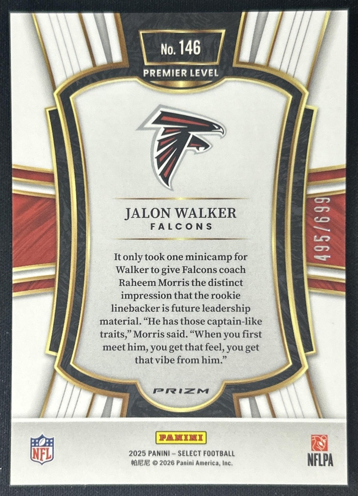 Jalon Walker 2025 Panini Select Premier Level Purple Prizm Shock /699 Falcons back