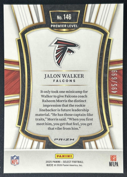 Jalon Walker 2025 Panini Select Premier Level Purple Prizm Shock /699 Falcons back