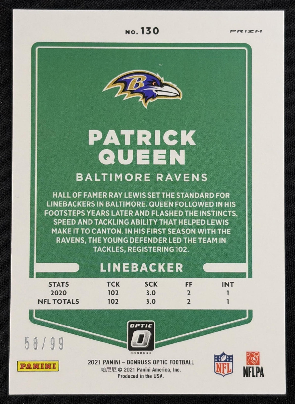 Patrick Queen 2021 Panini Donruss Optic Red /99 Ravens sports trading card back