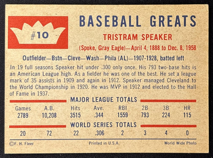 Tris Speaker 1960 Fleer Baseball Greats back