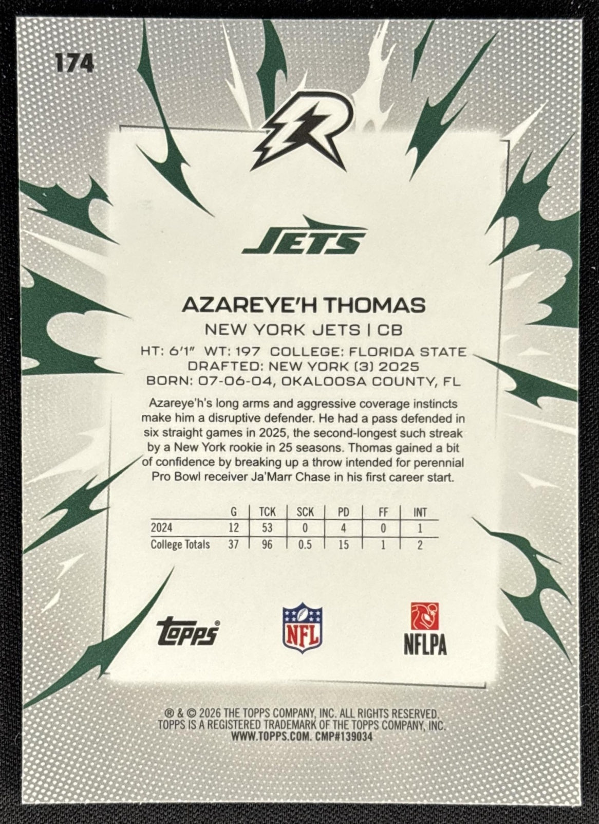 Azareye'h Thomas 2025 Topps Resurgence Blue and Orange Spark Refractor Jets