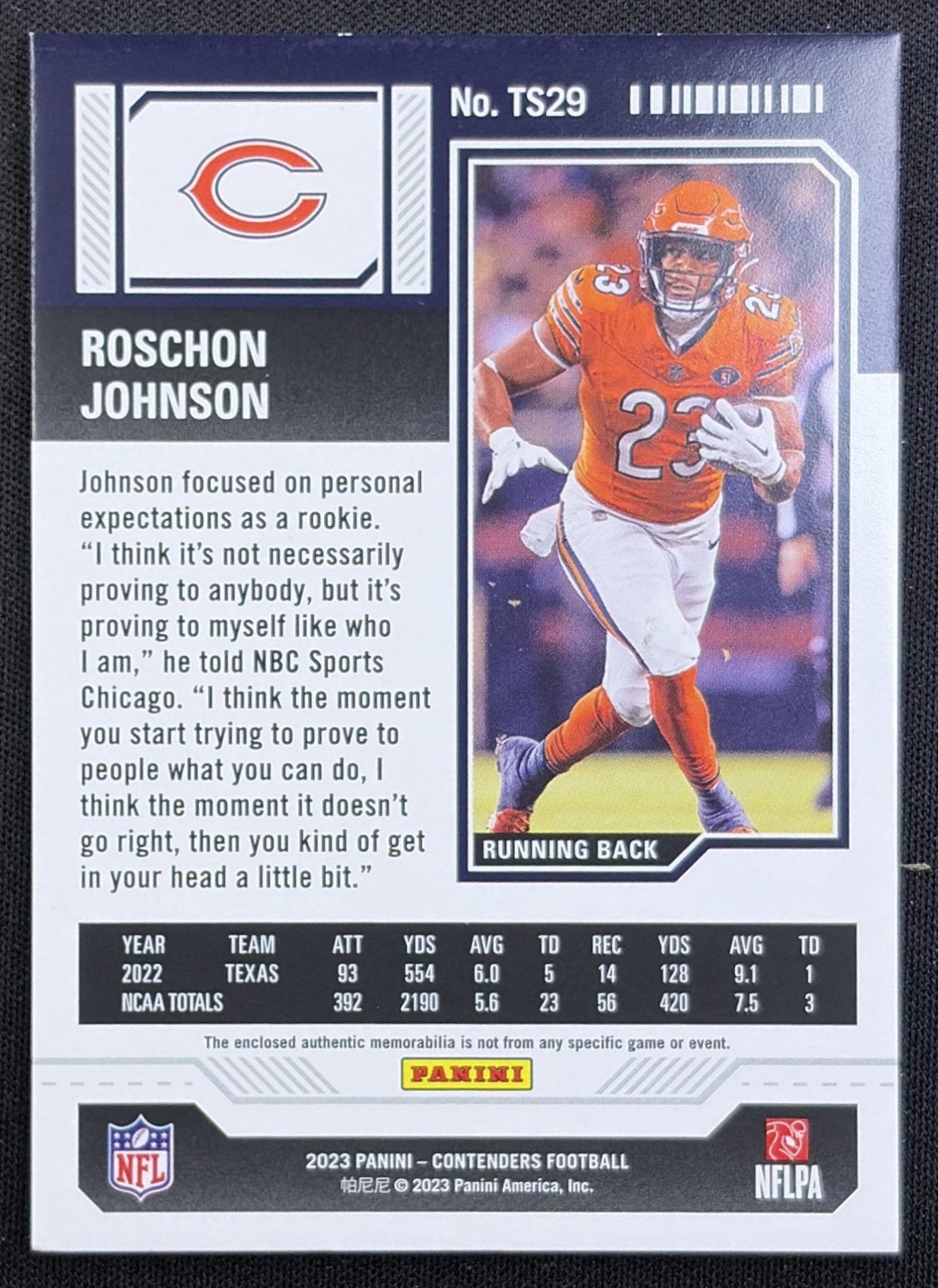 Roschon Johnson 2023 Panini Contenders Rookie Ticket Swatches Bears Chicago Bears