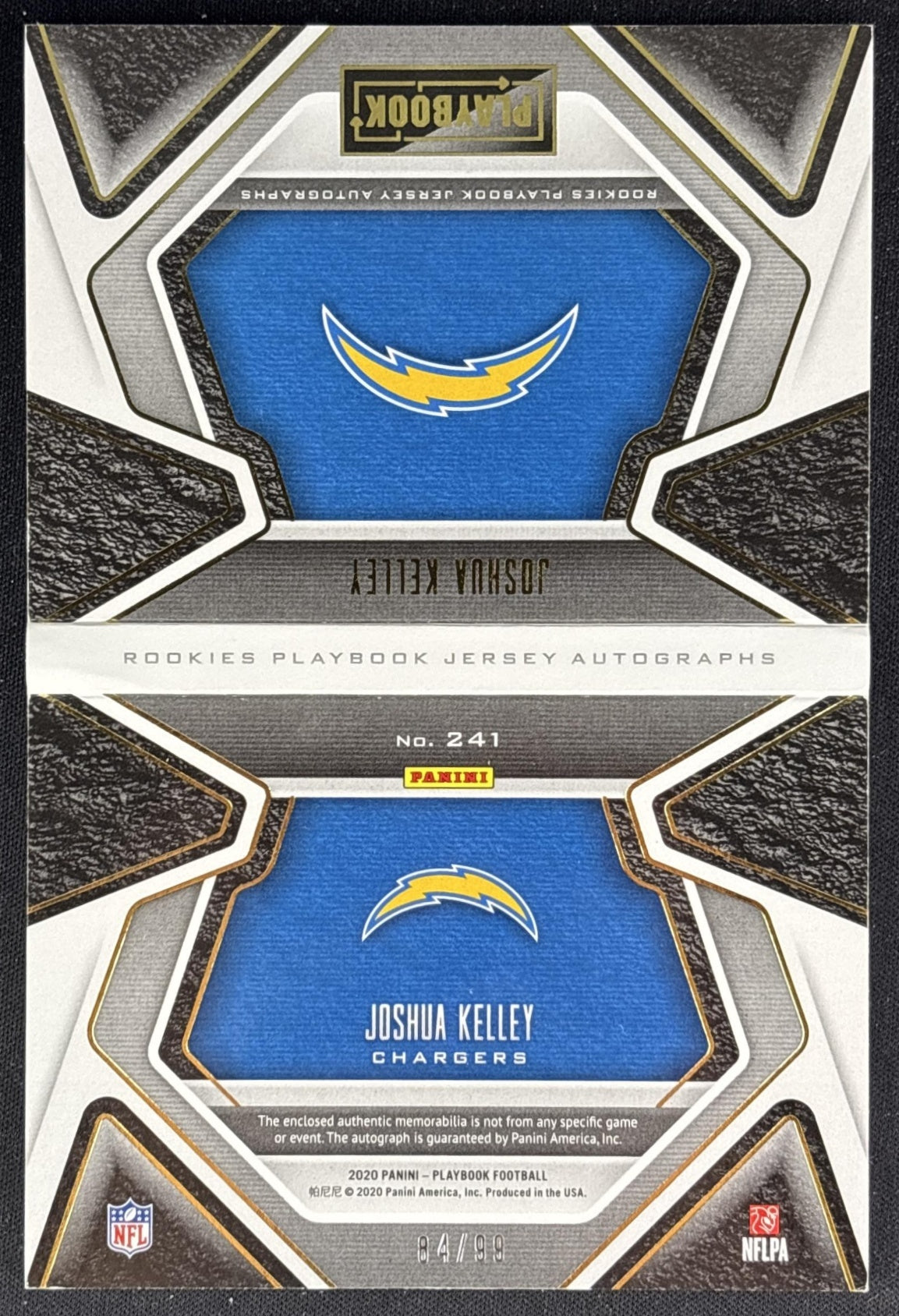 Joshua Kelley 2020 Panini Playbook Gold Patch Auto Booklet /99 Chargers - Los Angeles Chargers