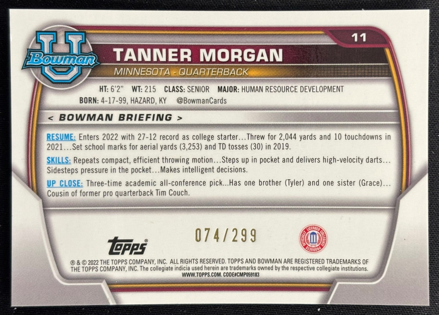 Tanner Morgan 2022 University Chrome Aqua Wave Refractor /299 - back