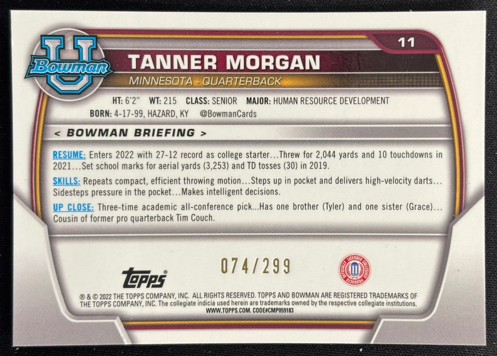 Tanner Morgan 2022 University Chrome Aqua Wave Refractor /299 - back