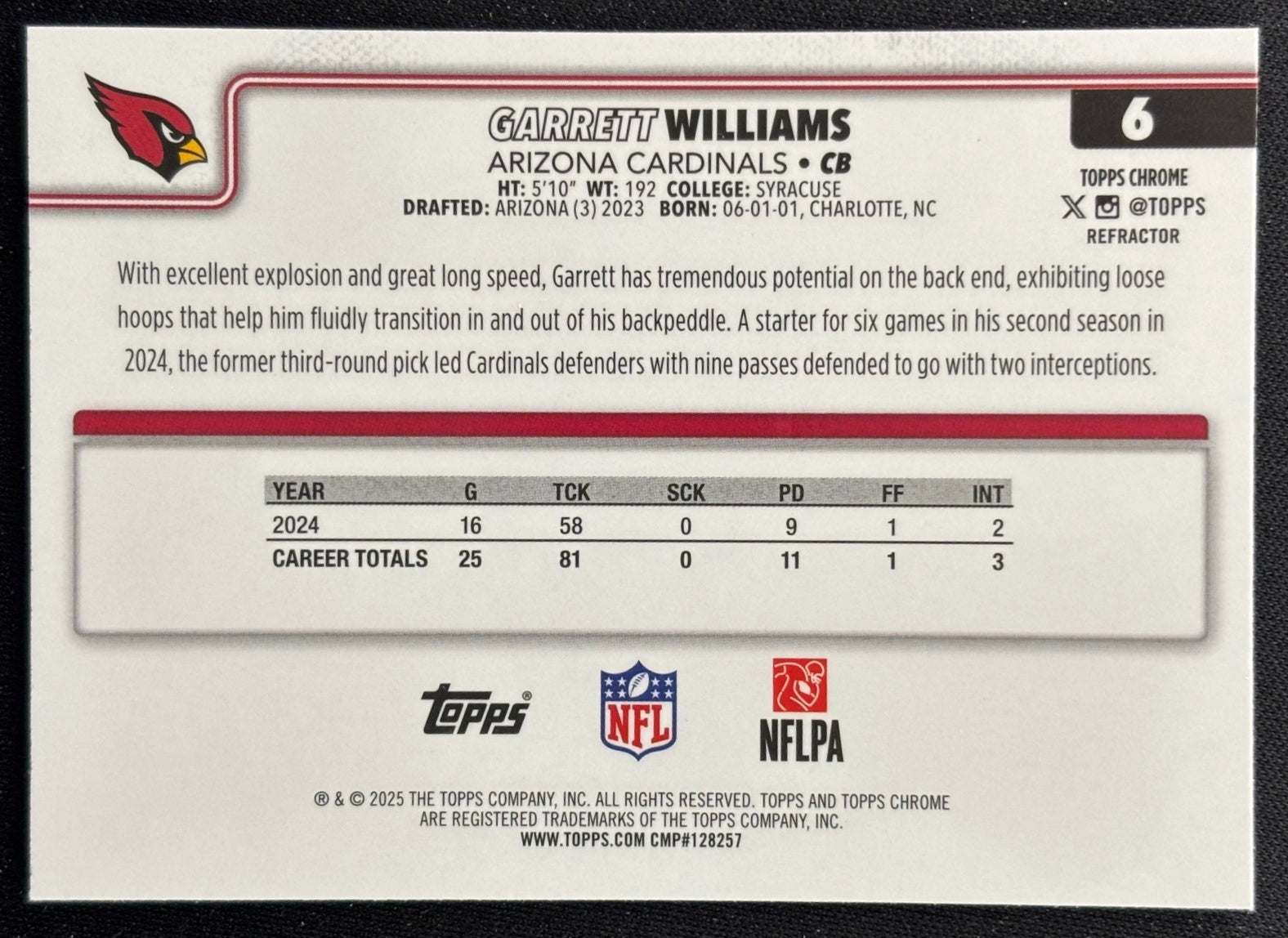 Garrett Williams 2025 Topps Chrome Refractor Cardinals Sports Trading Cards