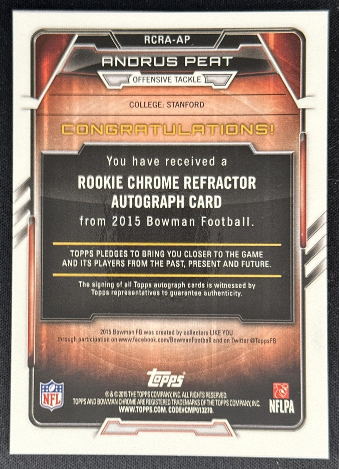 Andrus Peat 2015 Bowman Rookie Chrome Refractor Auto Blue /99 Stanford Saints Sports Trading Cards