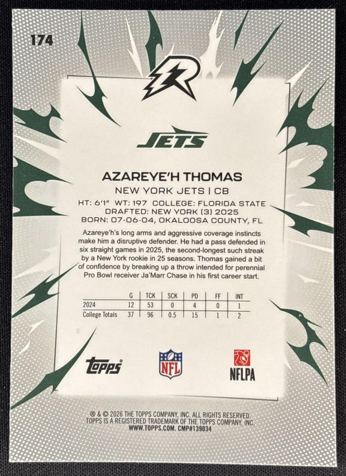 Azareye'h Thomas 2025 Topps Resurgence Jets Sports Trading Cards