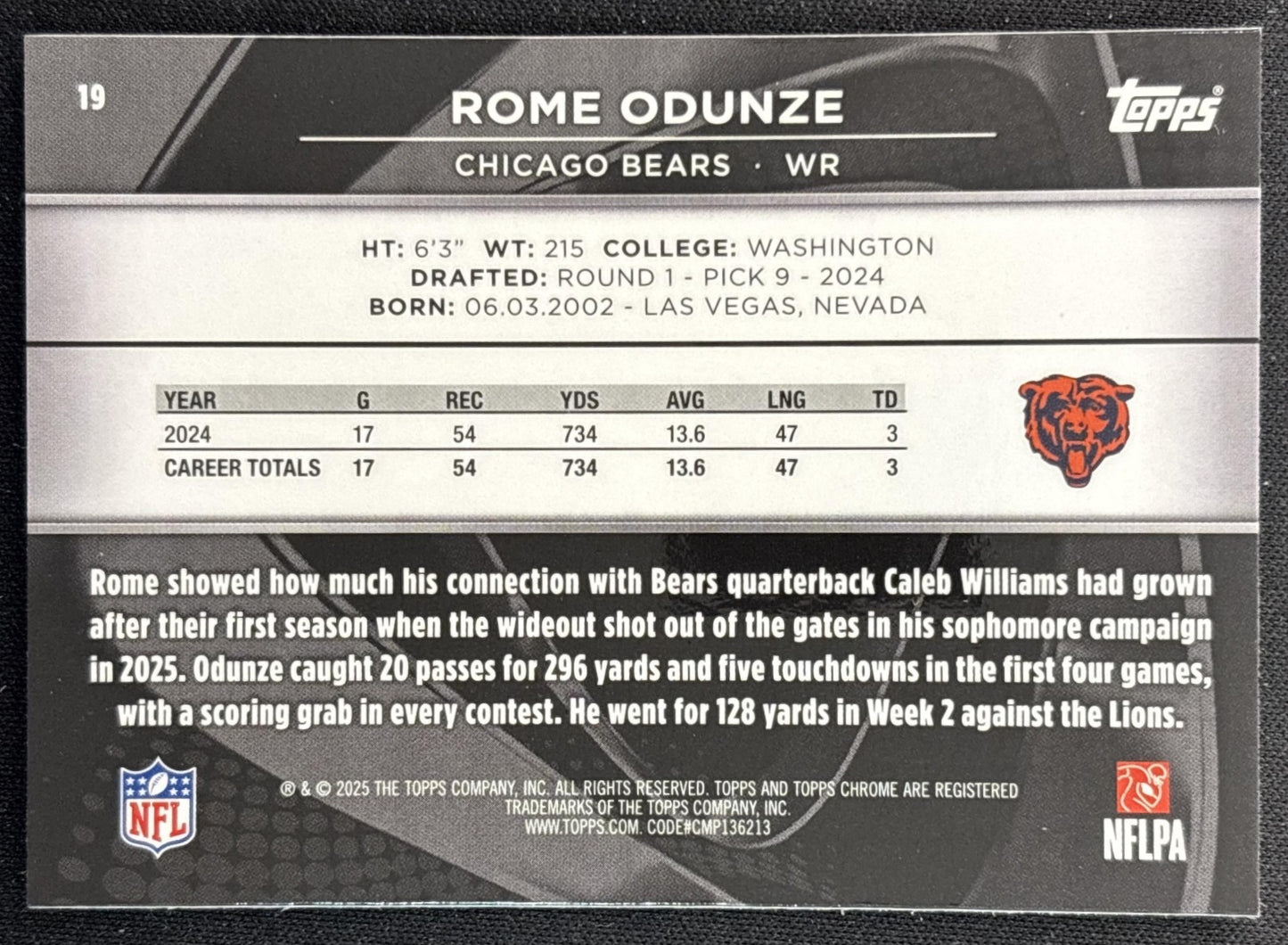 Rome Odunze 2025 Topps Chrome Black Bears back