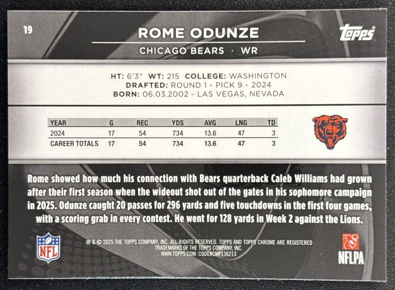 Rome Odunze 2025 Topps Chrome Black Bears back