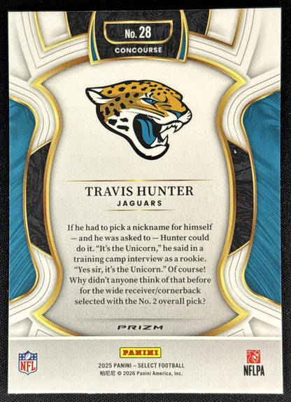 Travis Hunter 2025 Panini Select Concourse Red and Blue Prizm Shock Jaguars