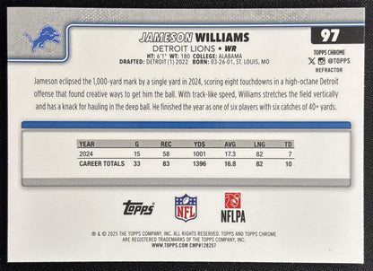 Jameson Williams 2025 Topps Chrome Refractor Lions Sports Trading Cards
