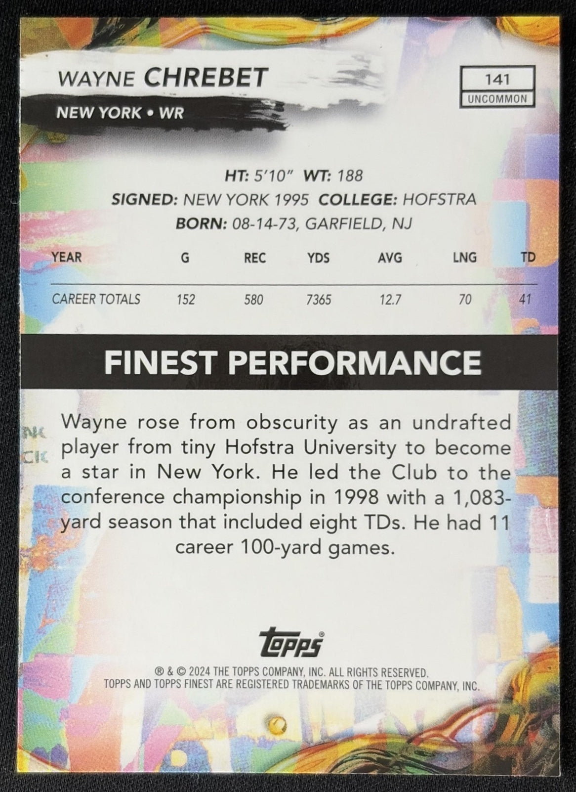 Wayne Chrebet 2024 Topps Finest Purple Checkerboard Refractor /99 Jets back