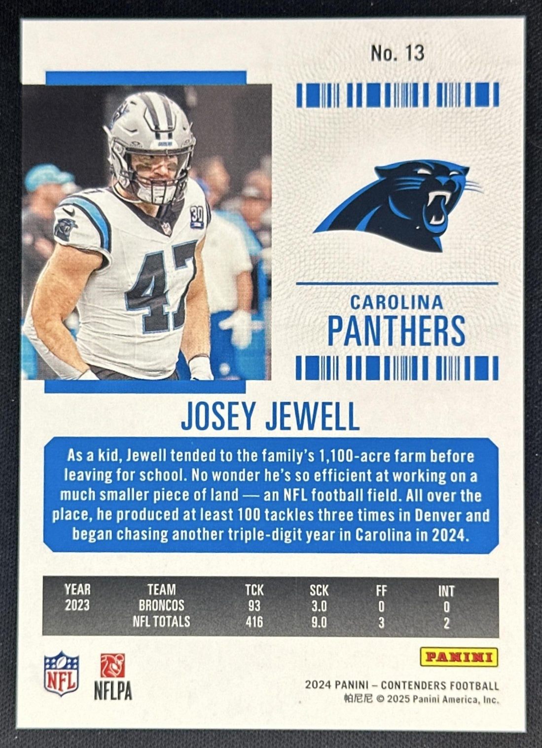 Josey Jewell 2024 Panini Contenders Playoff Ticket /199 Panthers Sports Trading Cards