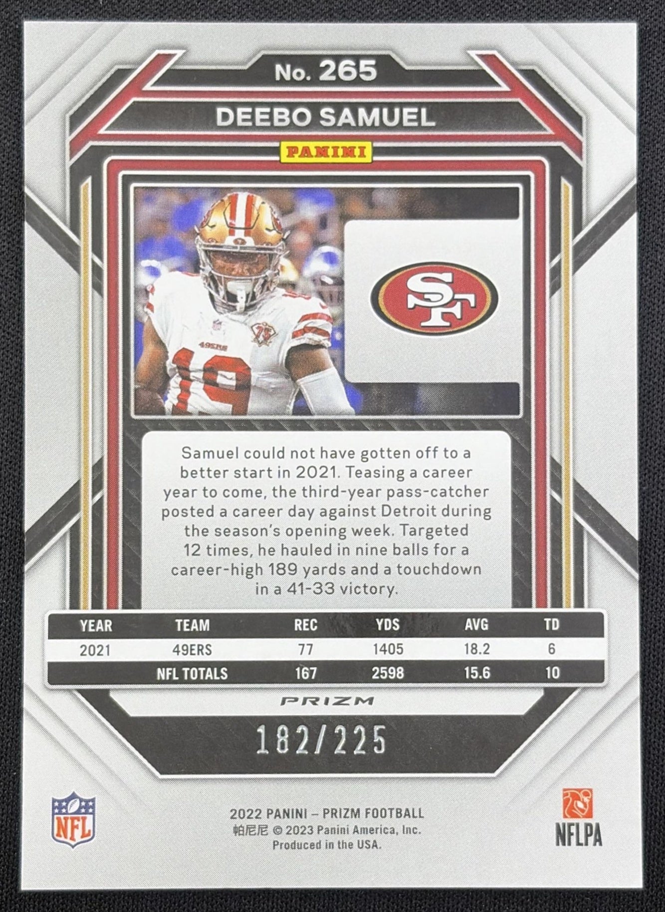 Deebo Samuel 2022 Panini Prizm Purple Ice /225 49ers San Francisco 49ers