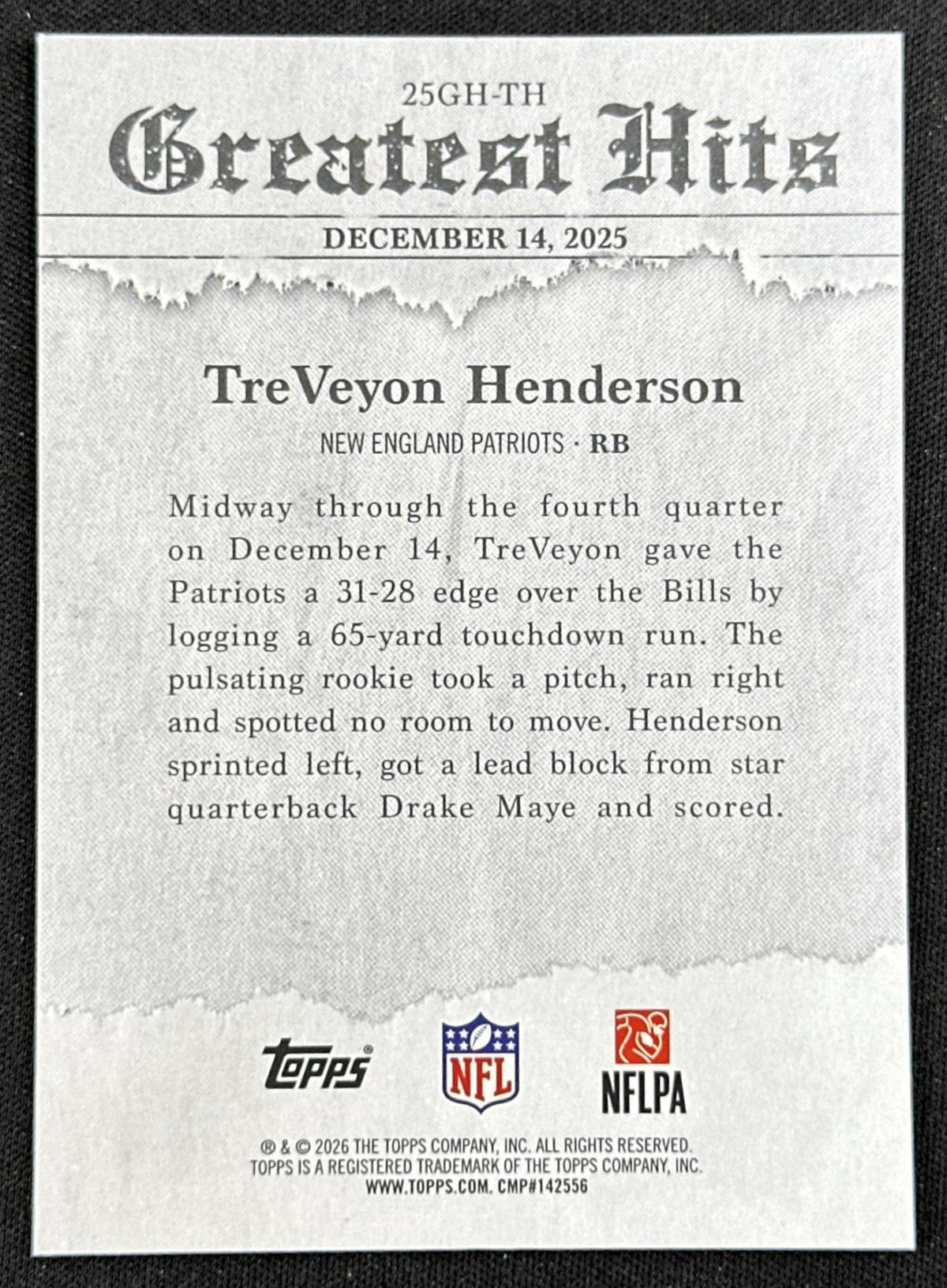 TreVeyon Henderson 2026 Topps Flagship 2025 Greatest Hits Patriots