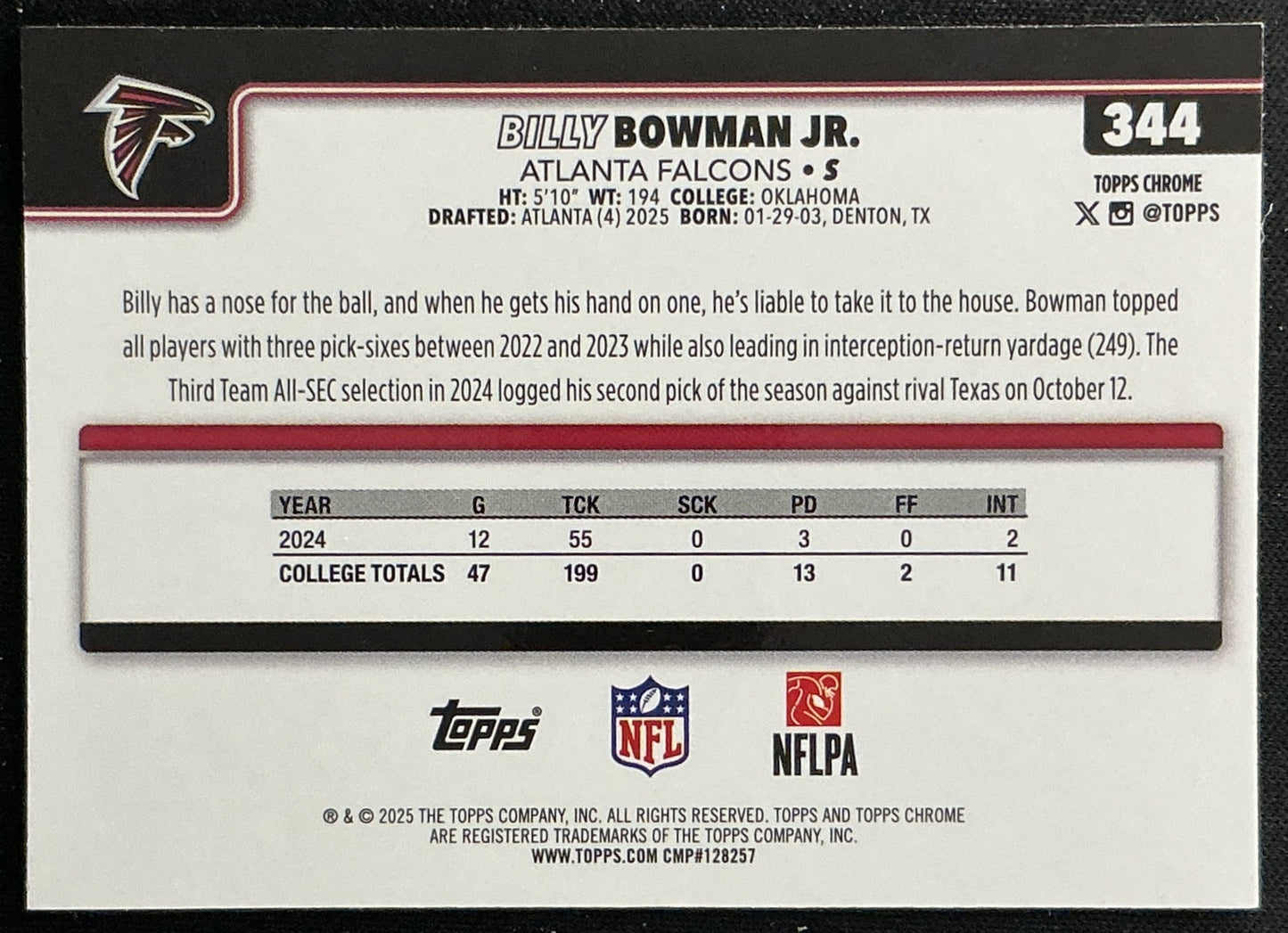 Billy Bowman Jr. 2025 Topps Chrome Rookie Falcons Sports Trading Cards