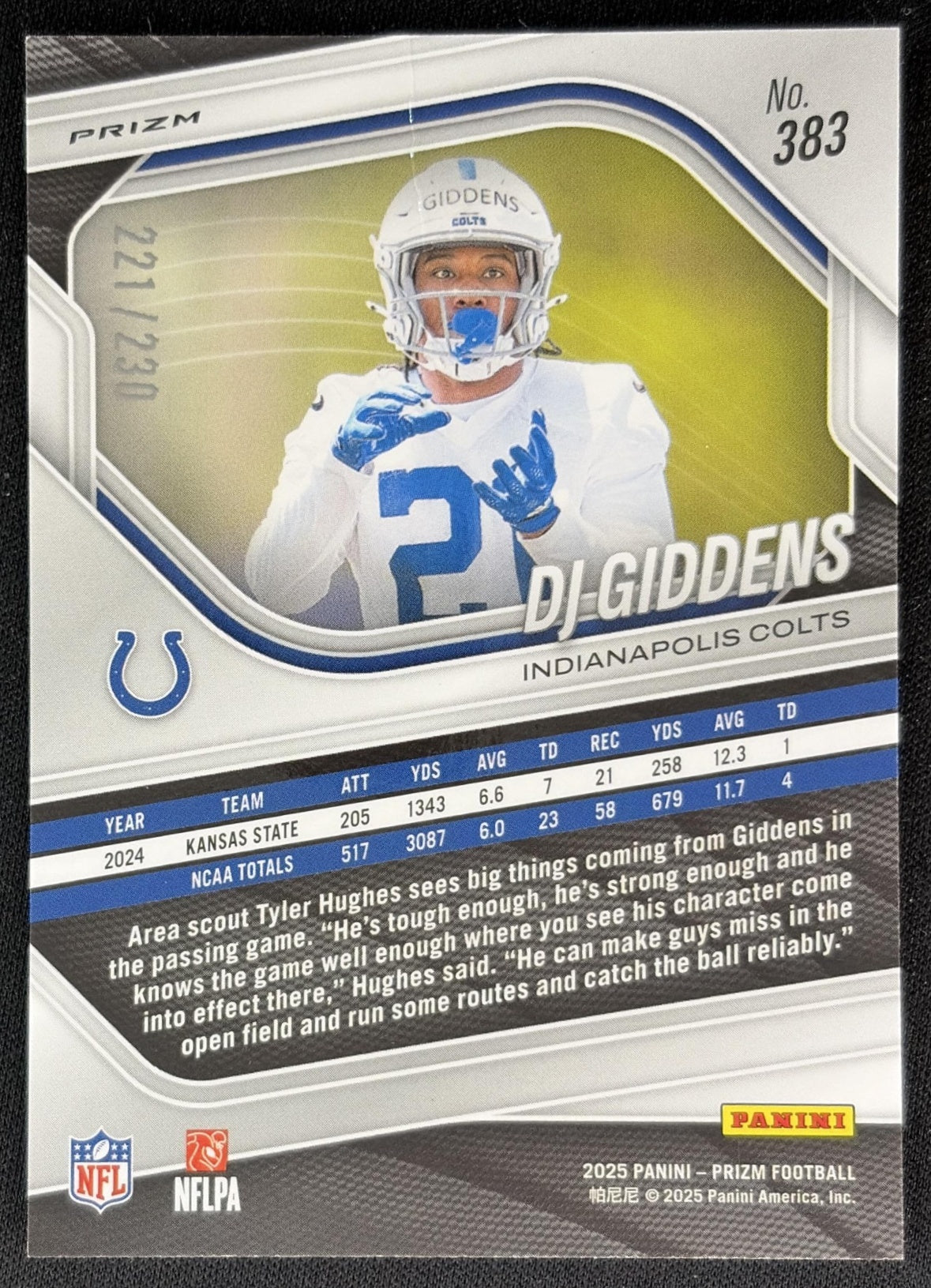 DJ Giddens 2025 Panini Prizm Blue Wave /230 Colts back