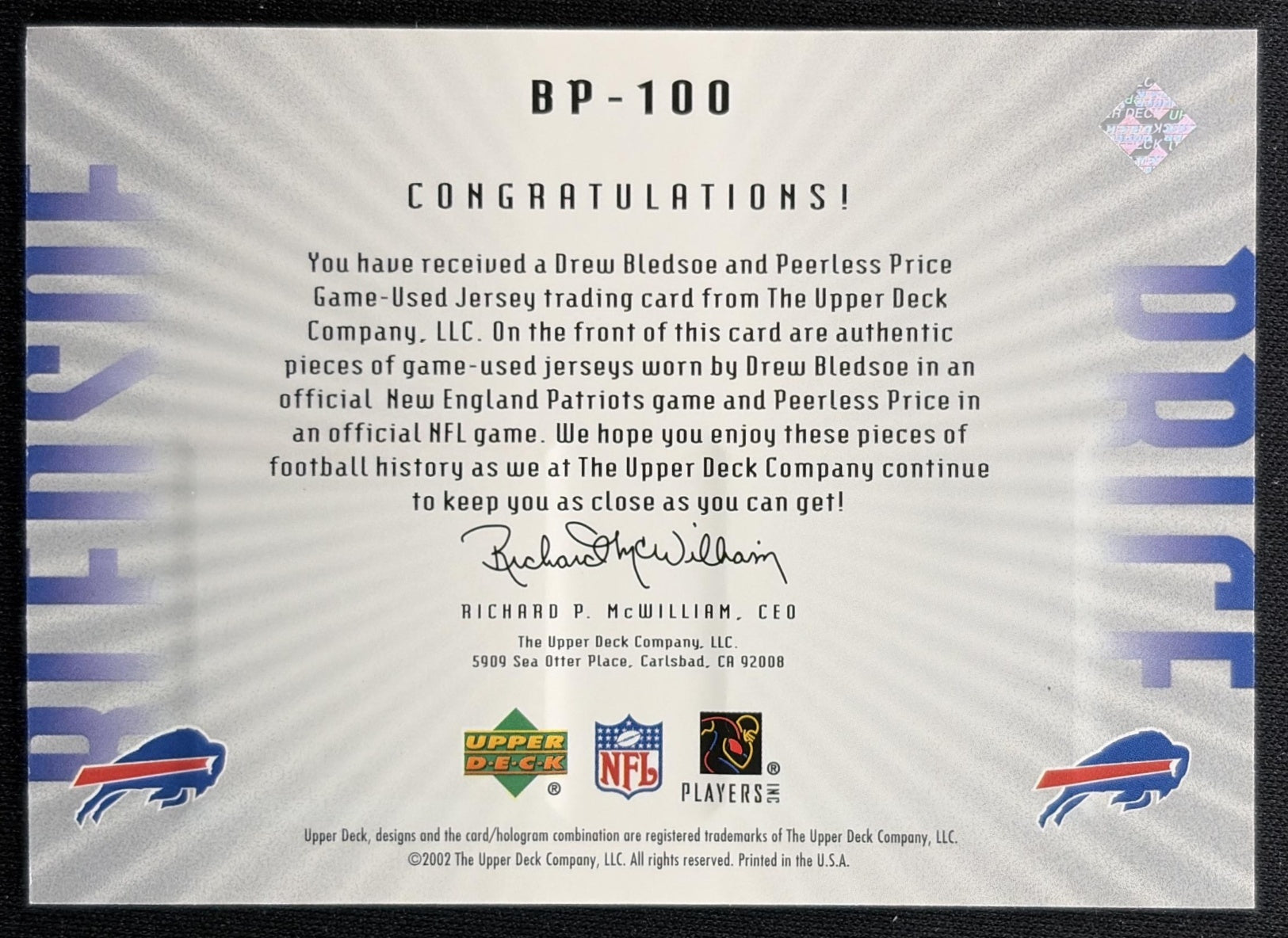 Drew Bledsoe Peerless Price 2002 Upper Deck Graded Dual Jerseys /100 Bills Sports Trading Cards