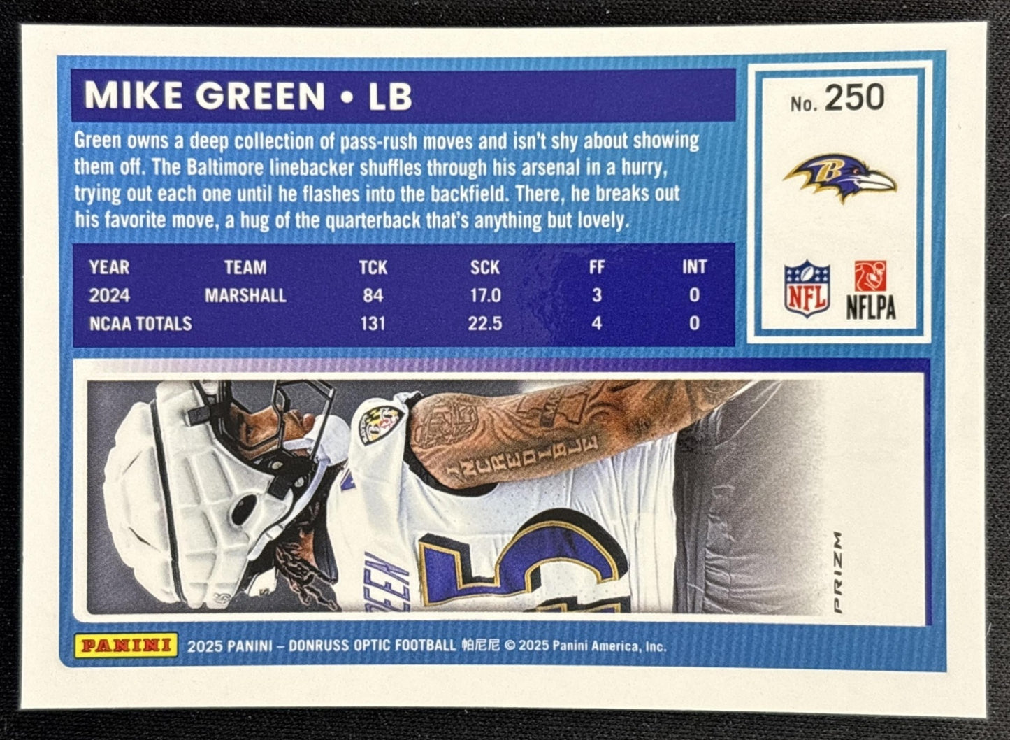 Mike Green 2025 Panini Donruss Optic Rated Rookie Green Hyper Prizm Ravens