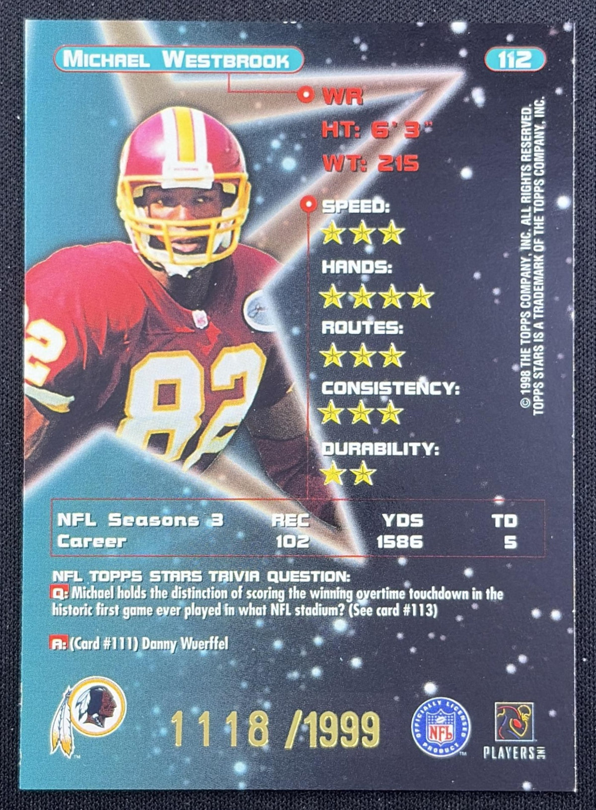 Michael Westbrook 1998 Topps Stars Gold Star /1999 Redskins Washington Redskins