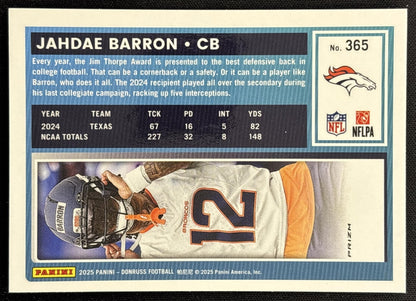 Jahdae Barron 2025 Panini Donruss Optic Rated Rookie Preview Pink Broncos - Back