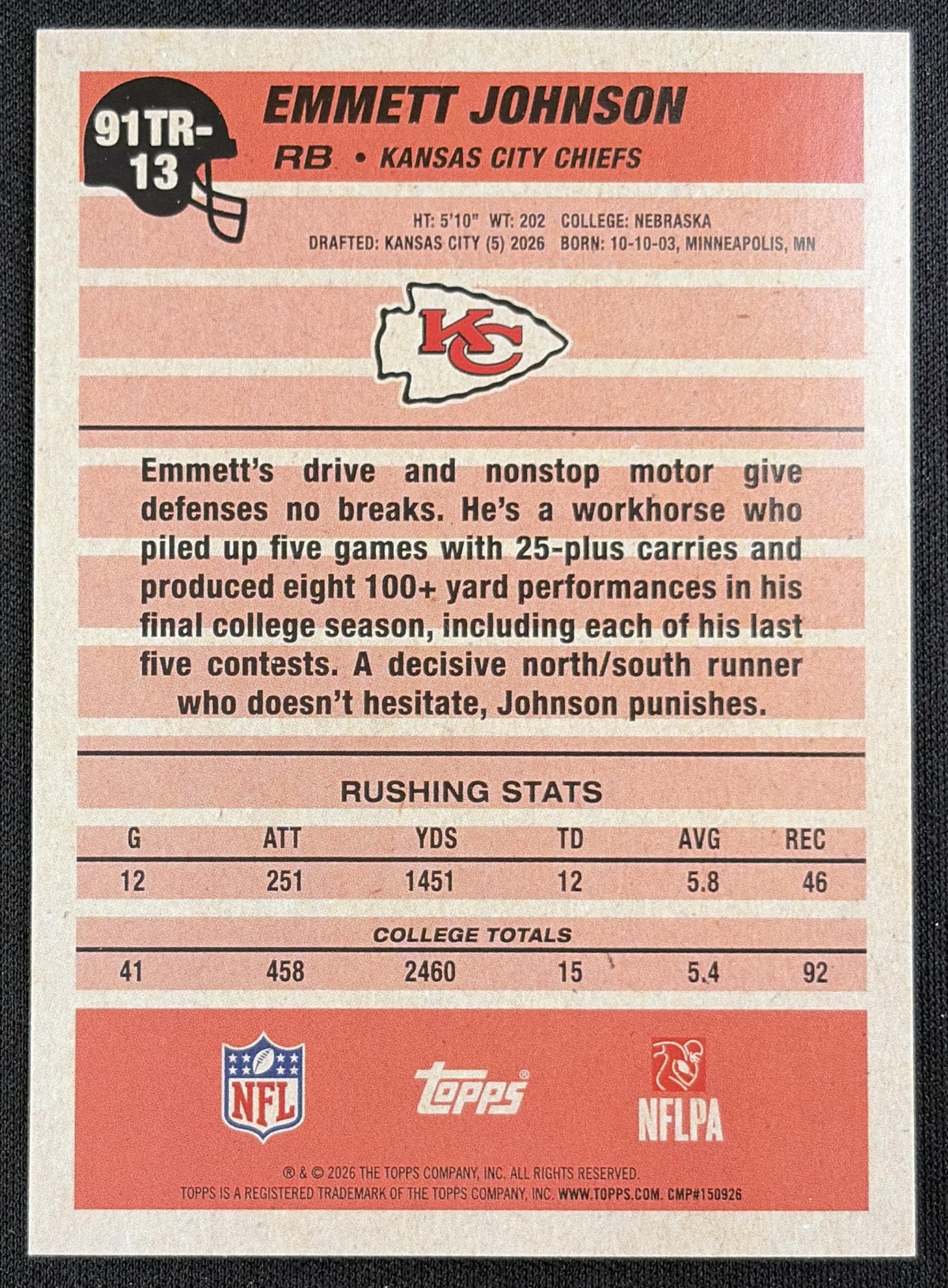 Emmett Johnson 2026 Topps 1991 Rookie Crackle Foil Chiefs back