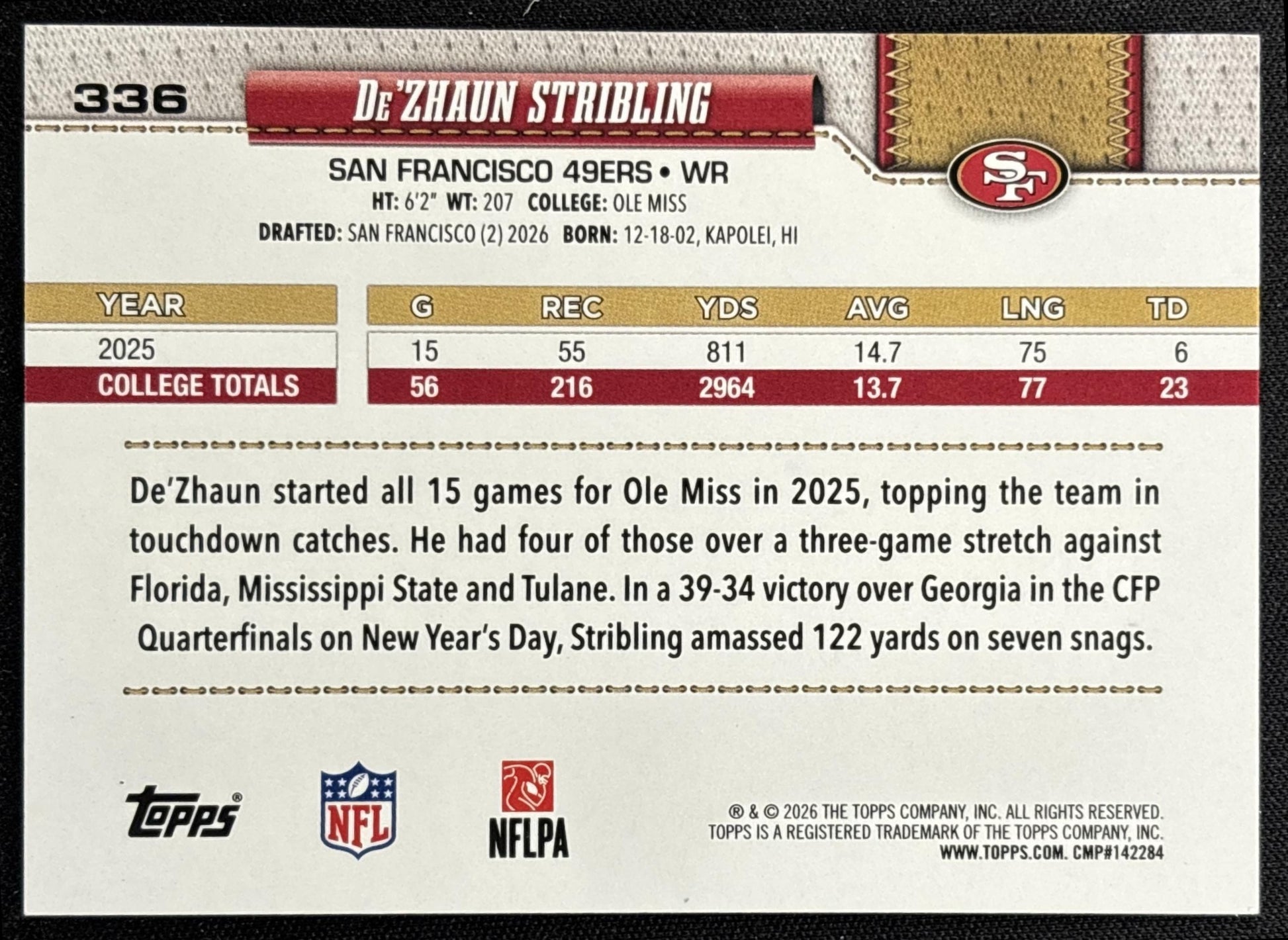 De'Zhaun Stribling 2026 Topps Football Leather Foil 49ers