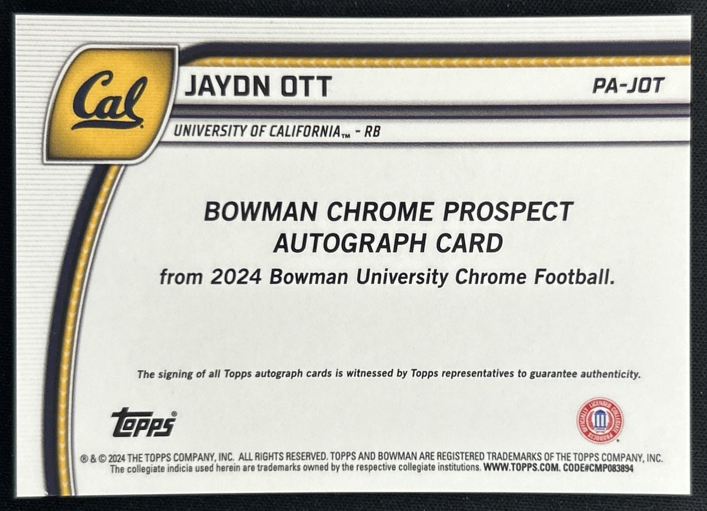 Jaydn Ott 2024 Bowman Chrome University Prospect Auto Golden Bears back
