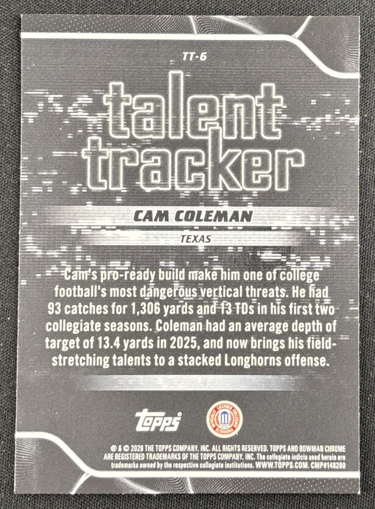 Cam Coleman 2026 Bowman Talent Tracker Chrome Longhorns