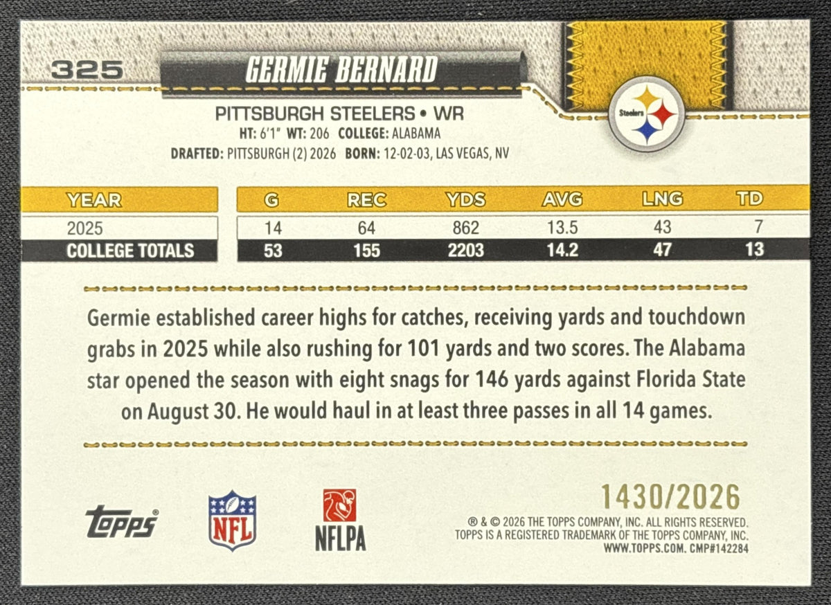Germie Bernard 2026 Topps Gold /2026 Steelers