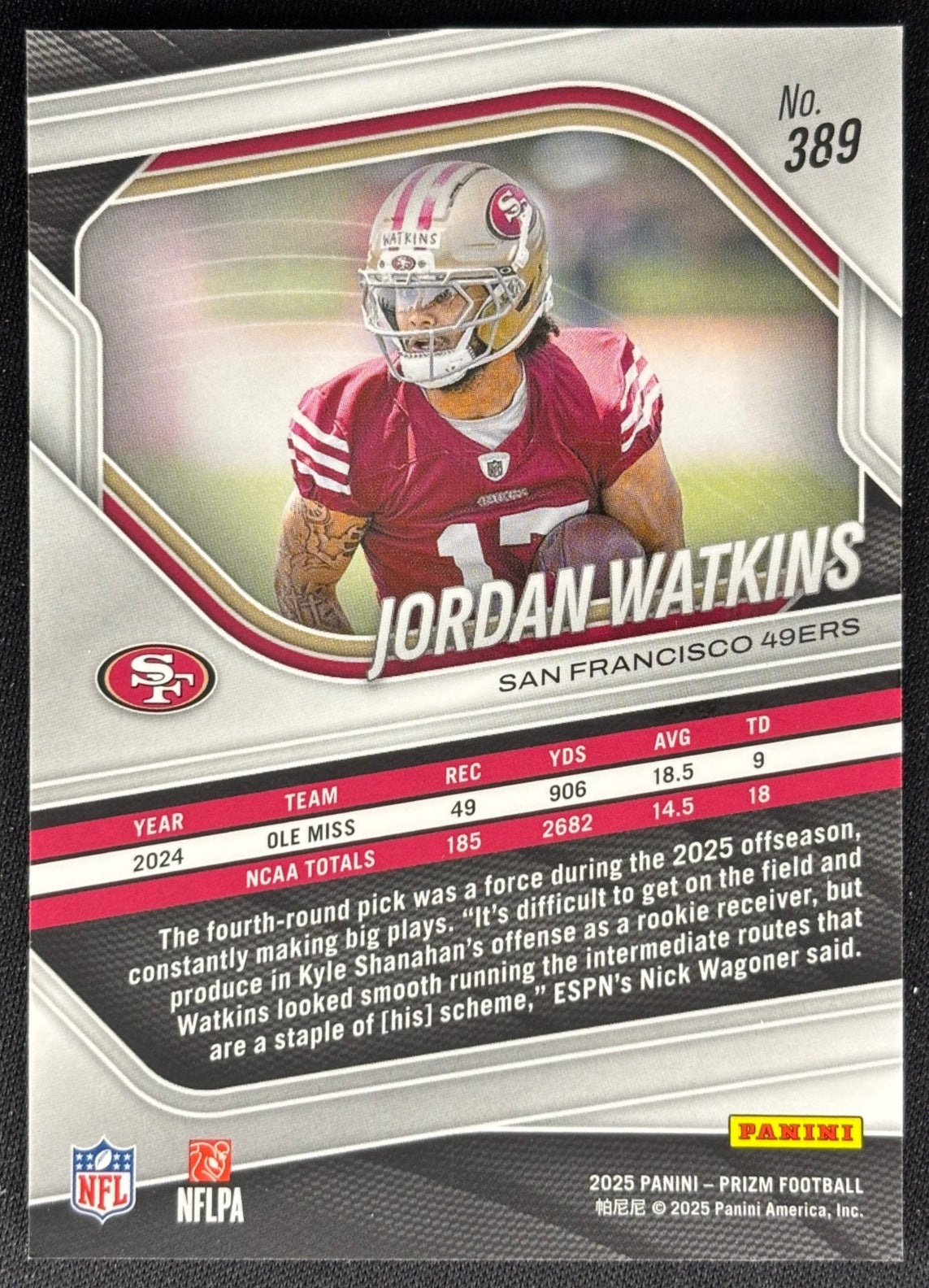 Jordan Watkins 2025 Prizm 49ers Sports Trading Card