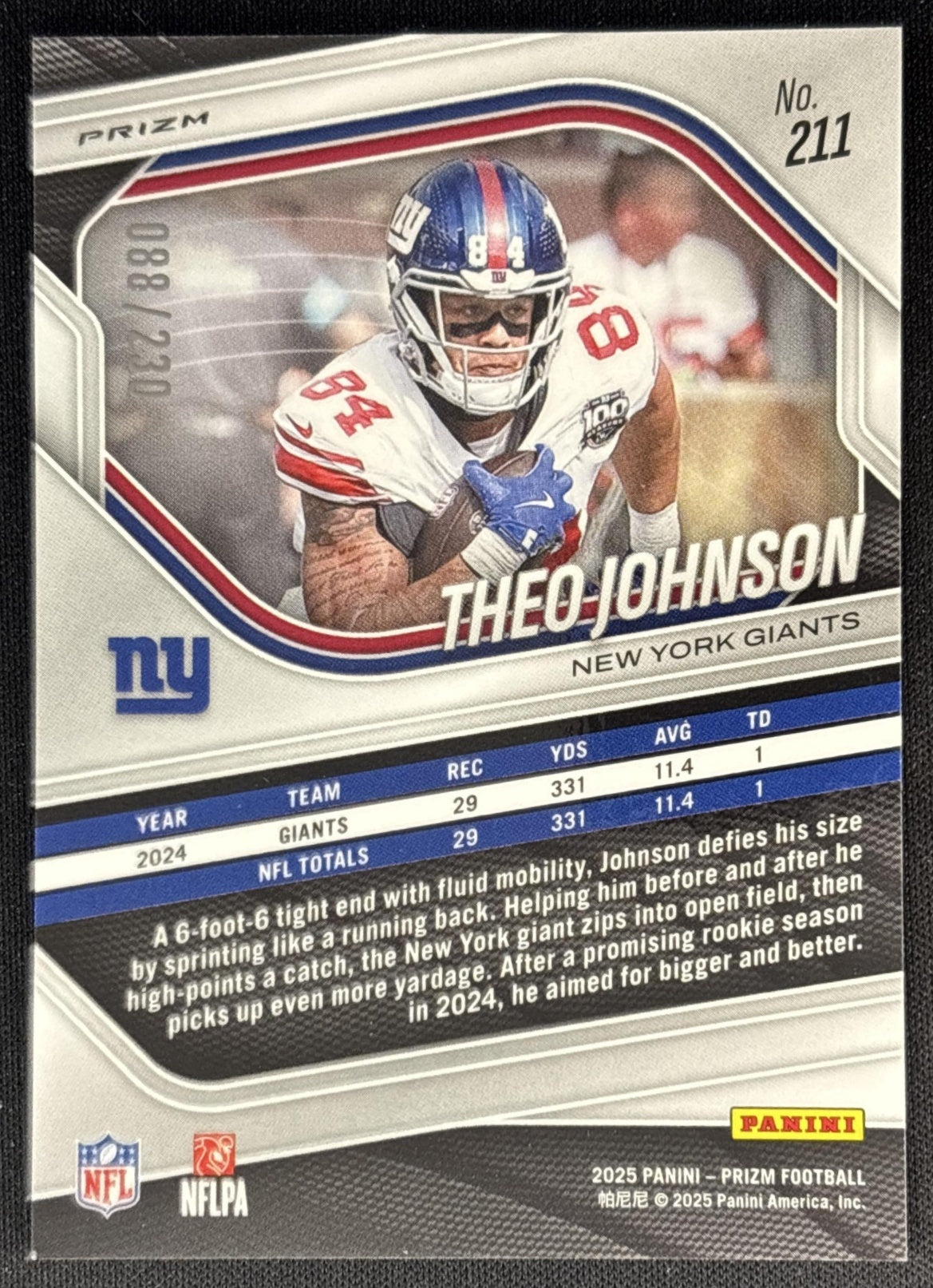 Theo Johnson 2025 Panini Prizm Blue Wave /230 Giants
