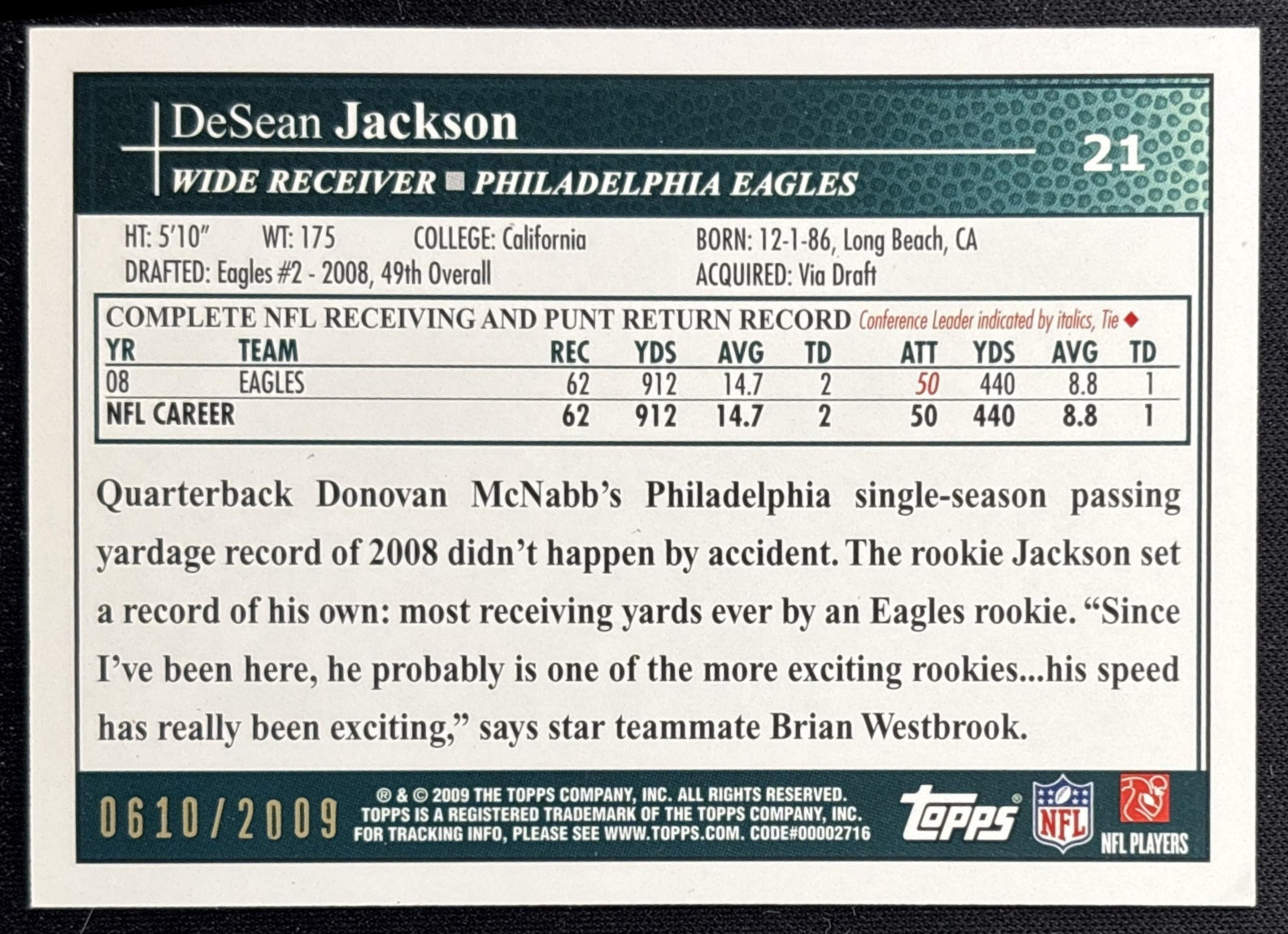 LeSean McCoy 2009 Topps Kickoff Silver Holofoil /2009 Eagles back