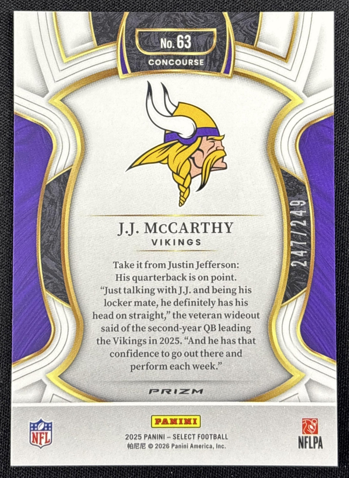 J.J. McCarthy 2025 Panini Select Concourse Red Prizm Shock /249 Vikings