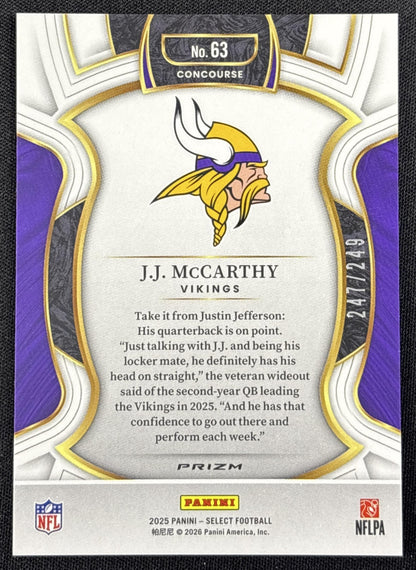J.J. McCarthy 2025 Panini Select Concourse Red Prizm Shock /249 Vikings