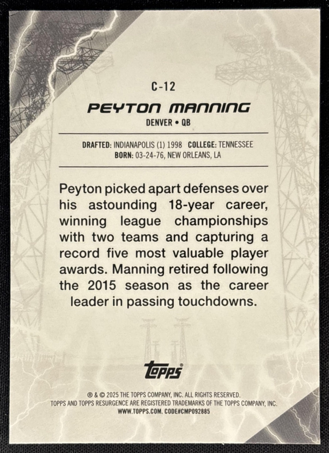 Peyton Manning 2024 Topps Resurgence Conductors Aqua Surge /249 Broncos back