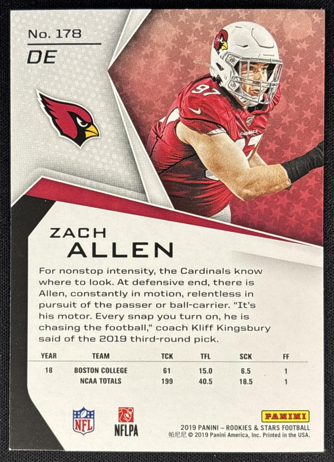 Zach Allen 2019 Panini Rookies & Stars Cardinals back