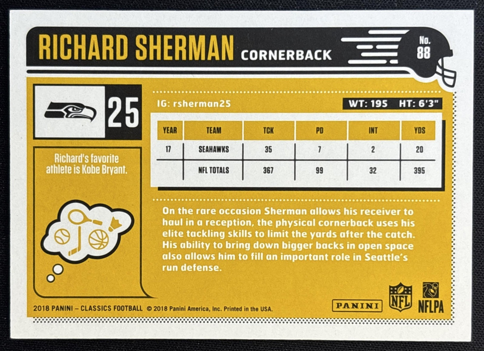 Richard Sherman 2018 Panini Classics Timeless Tributes Gold /99 Seahawks back