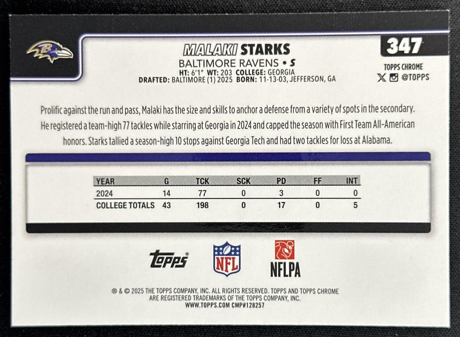 Malaki Starks 2025 Topps Chrome Rookie Neon Pulse Refractor Ravens