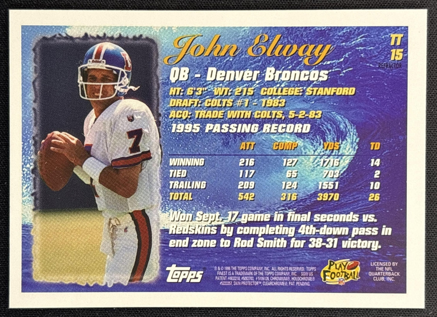 John Elway 1996 Topps Chrome Tide Turners Refractor Broncos back
