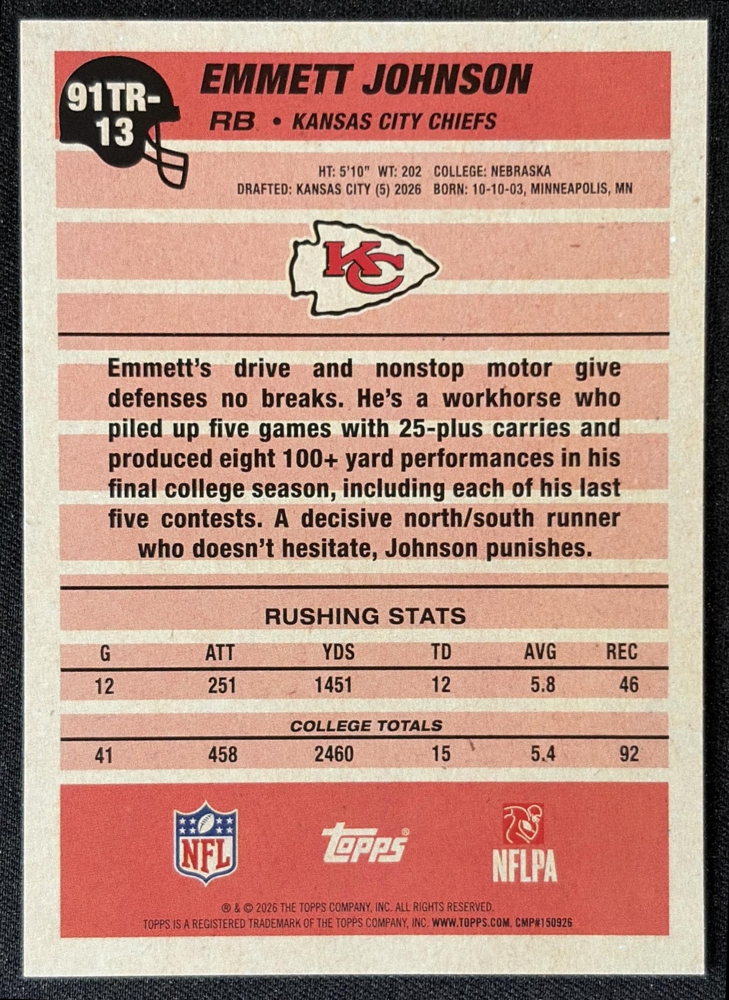 Emmett Johnson 2026 Topps 1991 Rookie Chiefs back