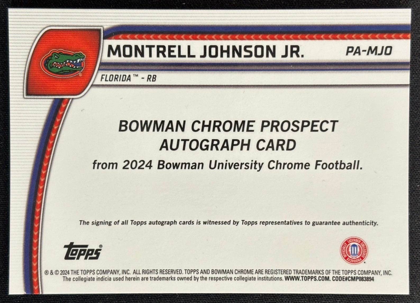 Back of Montrell Johnson Jr. 2024 Chrome University Prospect Auto Gators sports trading card