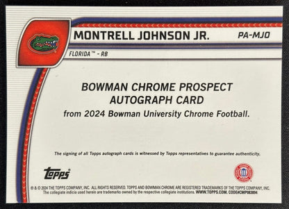 Back of Montrell Johnson Jr. 2024 Chrome University Prospect Auto Gators sports trading card