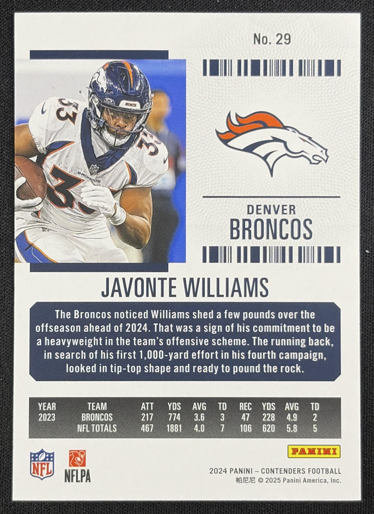 Javonte Williams 2024 Panini Contenders Game Ticket Blue /499 Denver Broncos