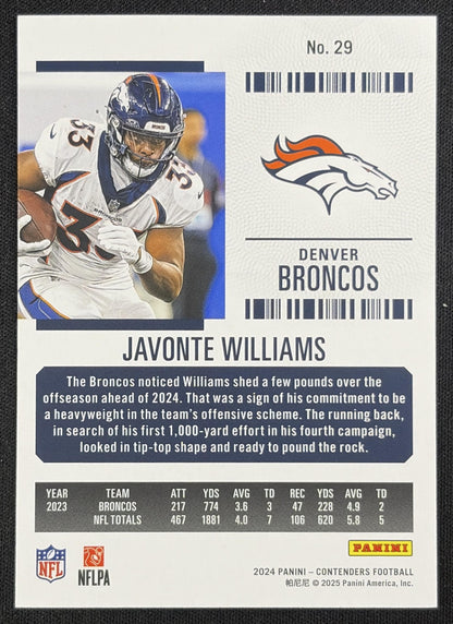 Javonte Williams 2024 Panini Contenders Game Ticket Blue /499 Denver Broncos